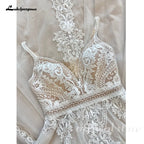 ZapDress Lace Boho Wedding Dress Sexy Beach V Neck Open Back Chic Appliques Spaghetti Straps Bridal Gowns Customized