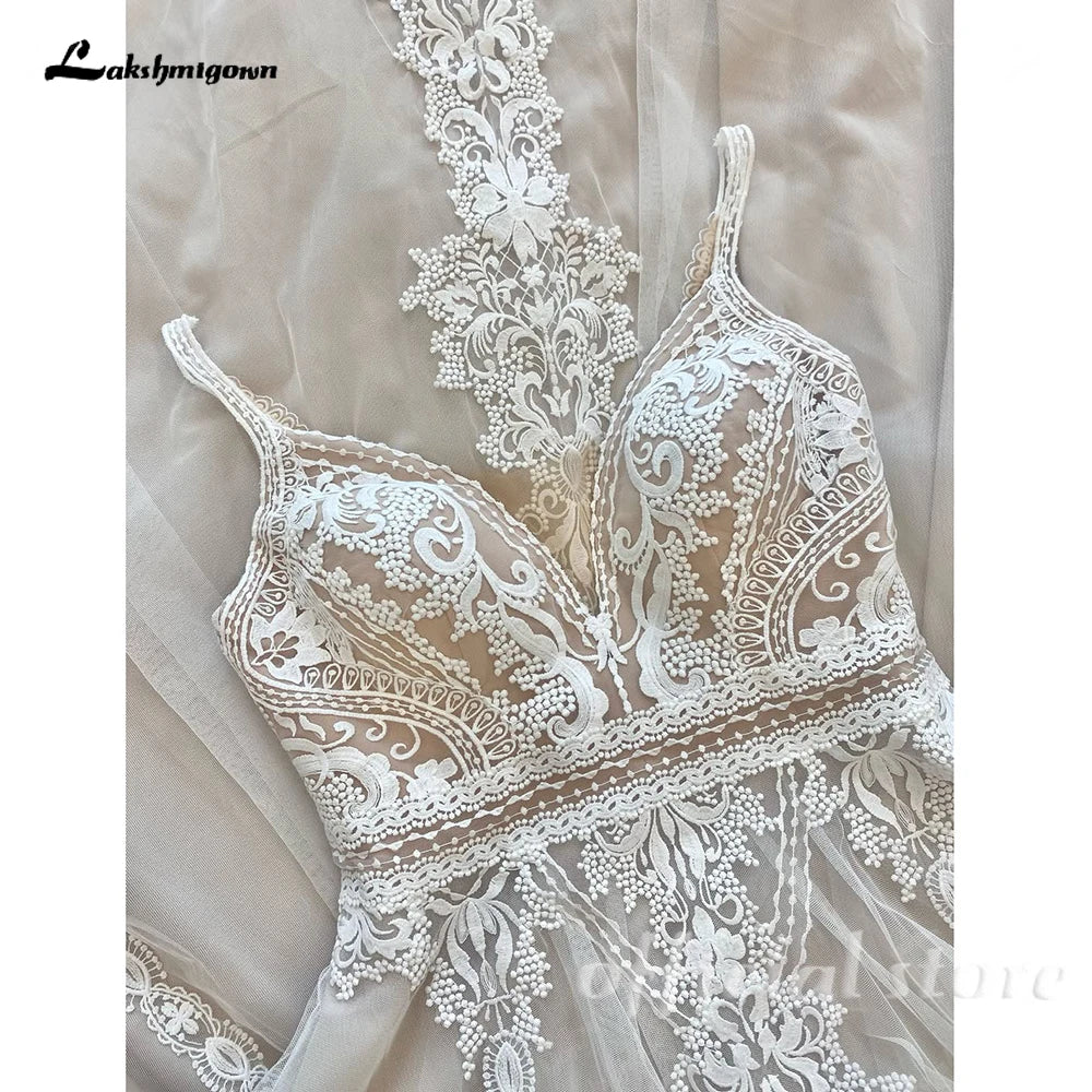ZapDress Lace Boho Wedding Dress Sexy Beach V Neck Open Back Chic Appliques Spaghetti Straps Bridal Gowns Customized