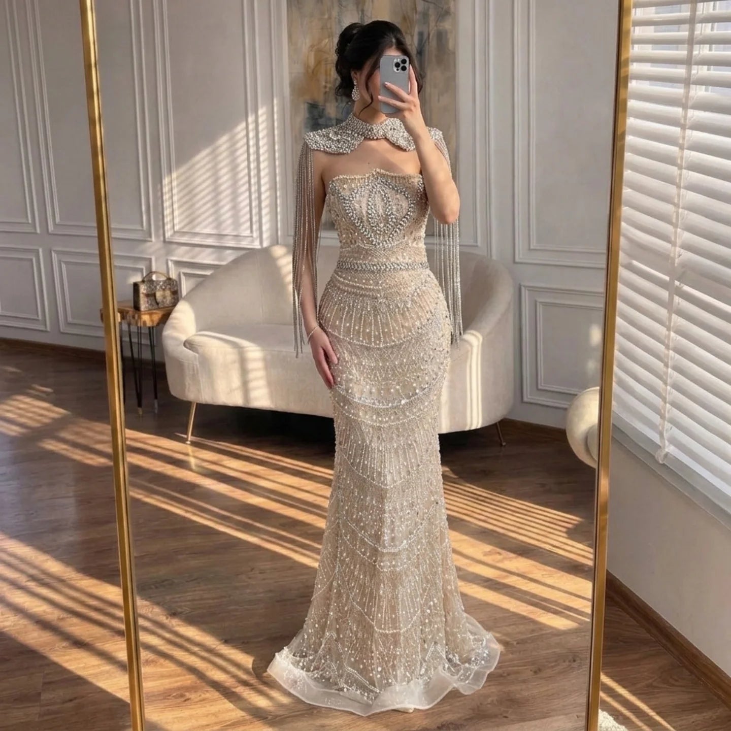 Zapdress Luxury Beaded Mermaid Evening Dress Elegant Crystal Tassel Cape Celebrity Party Gown Vestidos Customized DLA73450A (ZD17347)