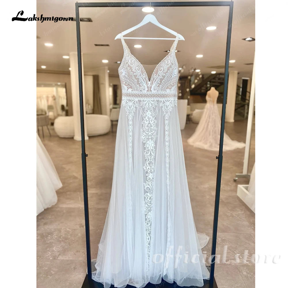 ZapDress Lace Boho Wedding Dress Sexy Beach V Neck Open Back Chic Appliques Spaghetti Straps Bridal Gowns Customized