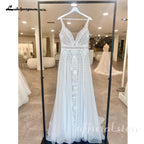ZapDress Lace Boho Wedding Dress Sexy Beach V Neck Open Back Chic Appliques Spaghetti Straps Bridal Gowns Customized