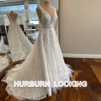 HERBURN Charming A-line Wedding Dresses for Women Bride Lace Appliques Illusion Puff Sleeves Backless Robe De Mariee Customized
