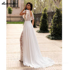 ZapDress Summer Boho Wedding Dresses Beach Lace High Slit Bride Dresses V Neck Wedding Gowns Short Sleeves Customized