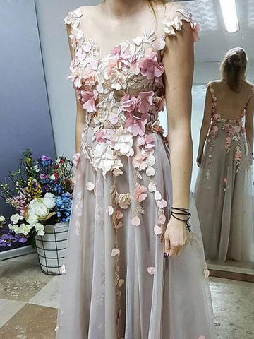 Chic A-line Scoop Floral Prom Dress Floor Length Prom Dresses Applique Evening Dresses S15604
