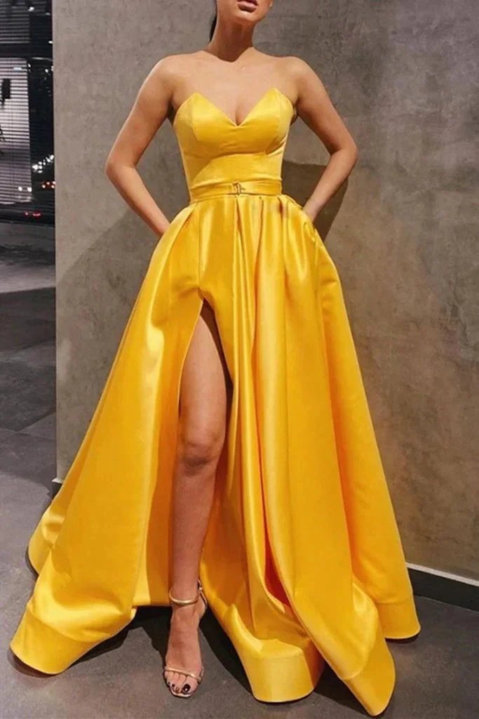 Strapless Sweetheart Neck Yellow Satin Long Prom Dress Long Yellow Formal Graduation Evening Dress with Slit S20761 by simplepromdress