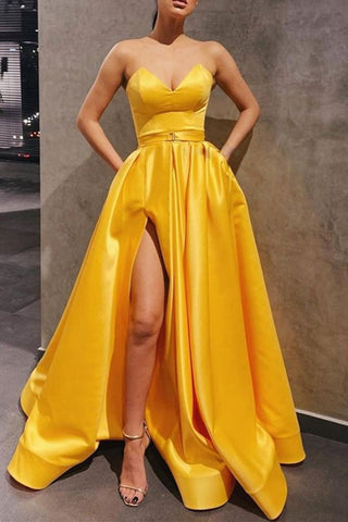 Strapless Sweetheart Neck Yellow Satin Long Prom Dress Long Yellow Formal Graduation Evening Dress with Slit S20761