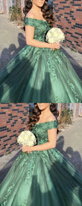 green ball gown prom dresses lace appliques off the shoulder S13881 by simplepromdress