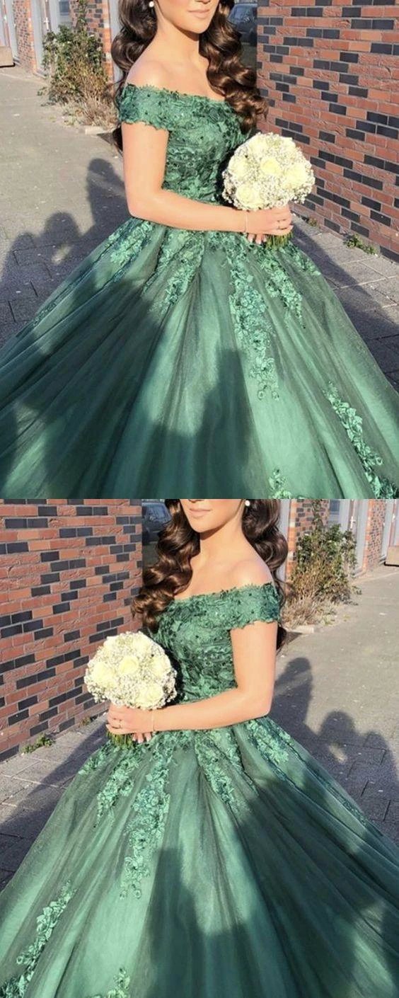 green ball gown prom dresses lace appliques off the shoulder S13881 by simplepromdress