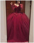 Burgundy Lace Appliques Long Sleeves Tulle Ball Gowns Prom Dresses S20959 by simplepromdress