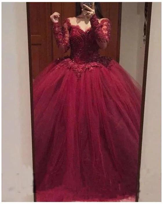 Burgundy Lace Appliques Long Sleeves Tulle Ball Gowns Prom Dresses S20959 by simplepromdress