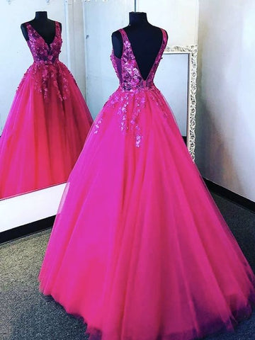 V Neck Hot Pink Tulle Lace Prom Dresses Backless Hot Pink Floral Formal Evening Dresses S23094
