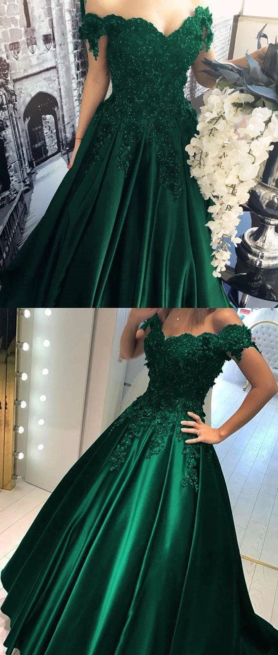 Satin Prom Dress Hunter Green Off Shoulders Ball Gown Prom Gown with Lace Appliques S17661 by simplepromdress