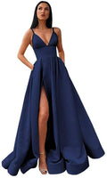 V-Neck Slit Satin Long Prom Dress Spaghetti Strap Evening Ball Gown with Pockets S14431 by simplepromdress