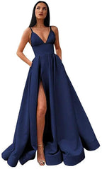 V-Neck Slit Satin Long Prom Dress Spaghetti Strap Evening Ball Gown with Pockets S14431 by simplepromdress