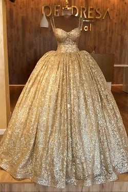 Spaghetti Straps Gold Evening Dress | Luxury Ball Gown Princess Prom Dress S19116 by simplepromdress