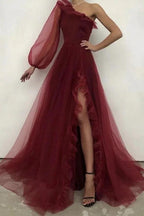 Burgundy tulle prom dress one shoulder evening dress S17925 by simplepromdress