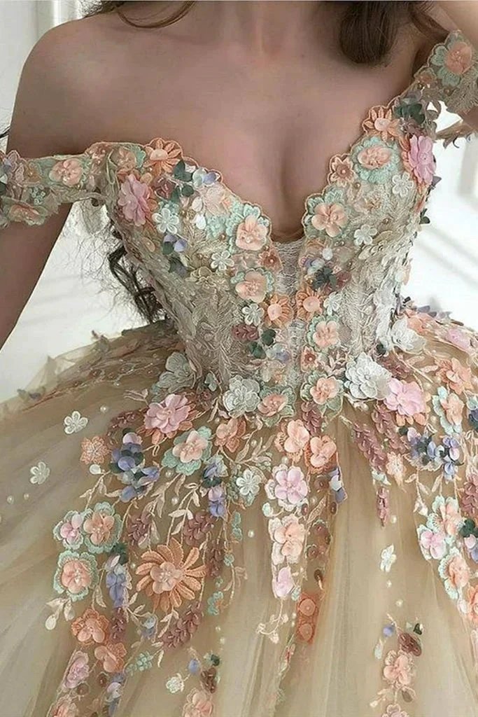 Gorgeous Off Shoulder Champagne Lace Floral Prom Dress, Long 3D Flower Champagne Formal Evening Dress, Champagne Ball Gown S20716 by simplepromdress
