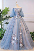 Unique blue tulle lace long prom dress blue evening dress S13770 by simplepromdress