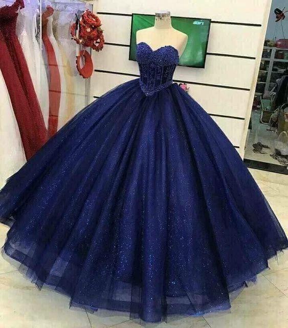 Gorgeous Beading Sweetheart neck Tulle Prom Dresses Blue Ball Gown S16691 by simplepromdress