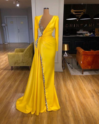 Vestido de noche amarillo, vestido de noche de manga larga, vestido formal con cuentas S23450