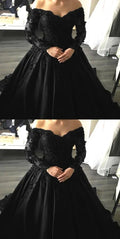 Black Lace Appliques Long Sleeves Ball Gowns Prom Dresses S14044 by simplepromdress