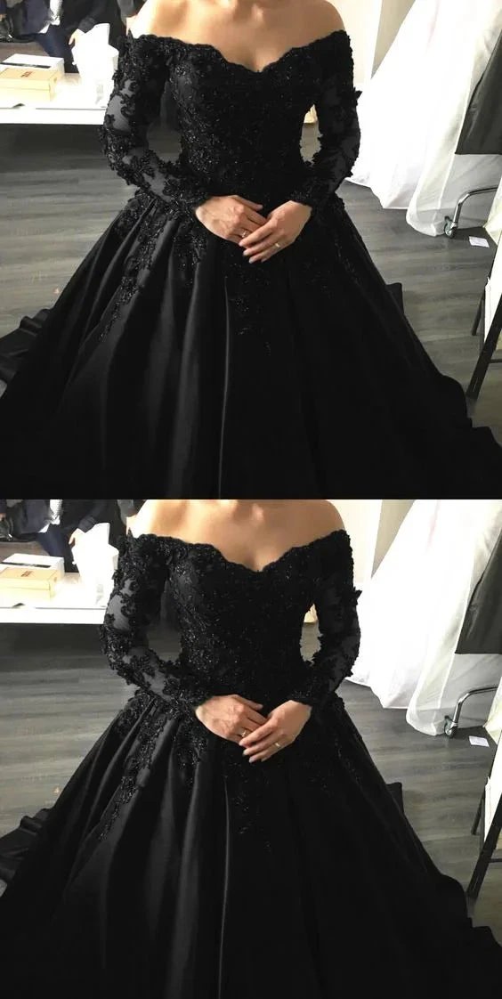 Black Lace Appliques Long Sleeves Ball Gowns Prom Dresses S14044 by simplepromdress