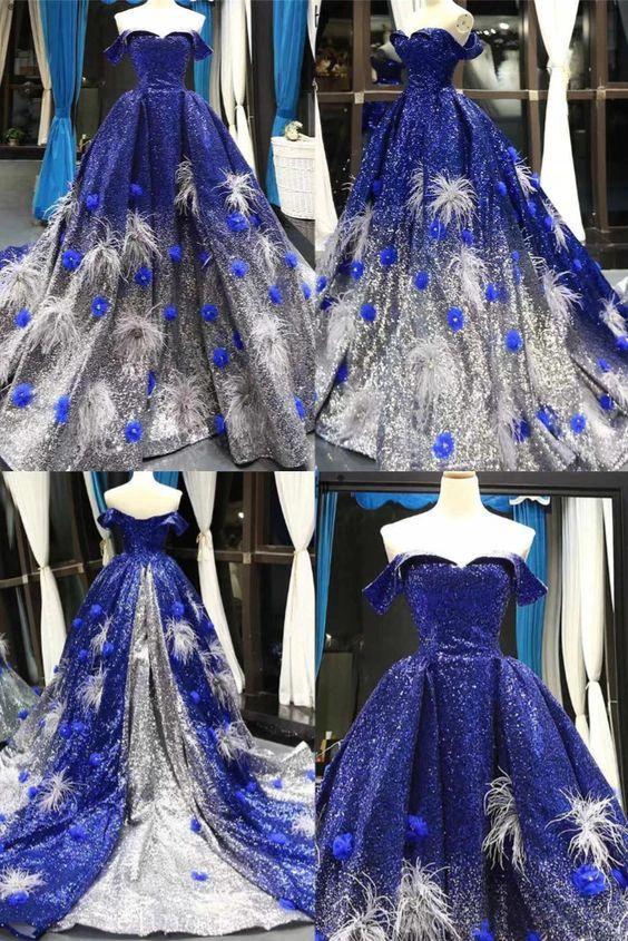 Royal Blue Off Shoulder Prom Dresses Ball Gown Sequined Plus Size Formal Gown S20992 by simplepromdress