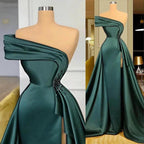 New Long Satin Evening Dresses Wear Elegant Ruched Crystal Beads Split One Shoulder Evening Gowns Formal Women Prom Dresses S23314 by simplepromdress