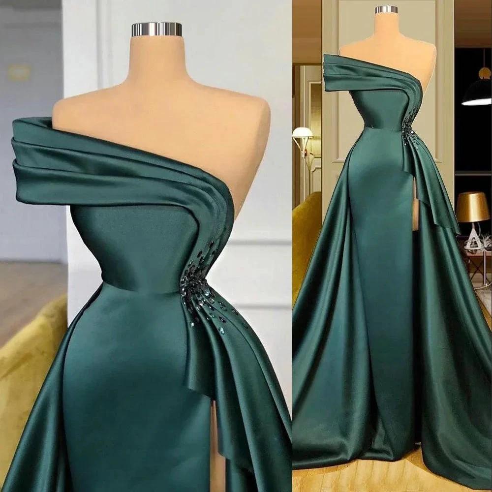 New Long Satin Evening Dresses Wear Elegant Ruched Crystal Beads Split One Shoulder Evening Gowns Formal Women Prom Dresses S23314 by simplepromdress