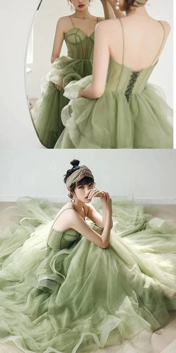Straps sage green ball gown spring formal prom dress S21224 by simplepromdress