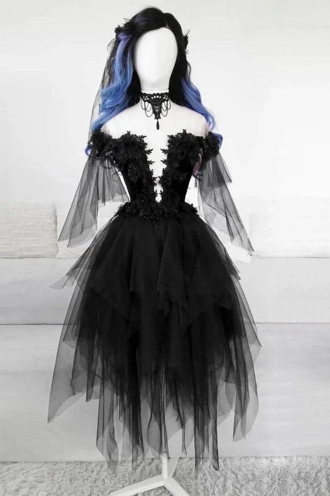 BLACK ROUND NECK TULLE LACE SHORT PROM DRESS BLACK EVENING DRESS S14739 by simplepromdress