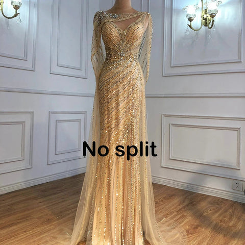 Luxury Champagne Split Diamond Beaded Sleeveless Evening Dress LA70301