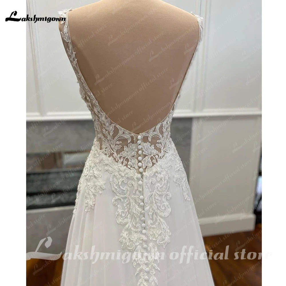 Luxury Civil Chiffon Wedding Gowns Customized Open Back Bridal Boho Long Wedding Dresses Lace Appliques V Neck Vestido Boda