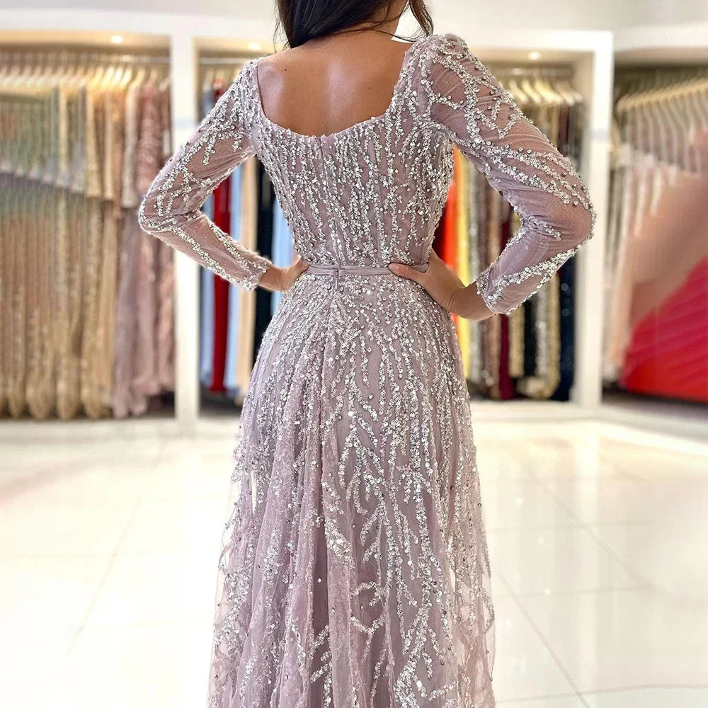 Zapdress Customized Pink Long Sleeves Mermaid Split Beaded Two Pieces Evening Dresses 2025 Party Gowns For Women (ZD17350)