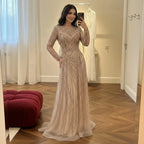 Zapdress Nude Crew Neck A-line Long Sleeves Evening Dress Beaded Wedding Party Gowns for Women 2026 Customized (ZD17382)