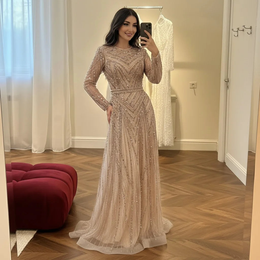 Zapdress Nude Crew Neck A-line Long Sleeves Evening Dress Beaded Wedding Party Gowns for Women 2026 Customized (ZD17382)
