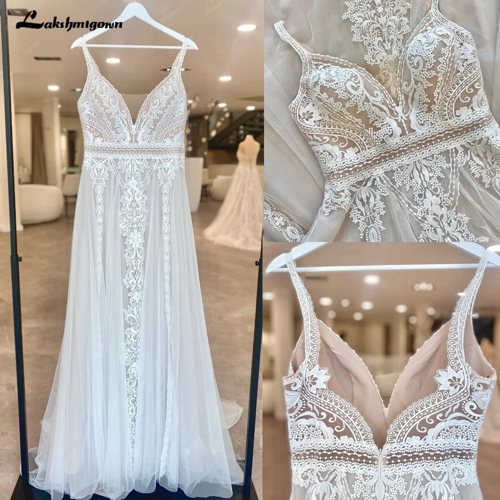 ZapDress Lace Boho Wedding Dress Sexy Beach V Neck Open Back Chic Appliques Spaghetti Straps Bridal Gowns Customized