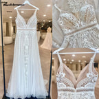 ZapDress Lace Boho Wedding Dress Sexy Beach V Neck Open Back Chic Appliques Spaghetti Straps Bridal Gowns Customized