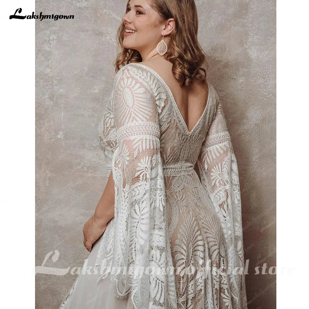 ZapDress Bohemian Boho Wedding Dress Lace Chiffon Long Sleeve Open Back V Neck Plus Size Vestidos De Novia Customized