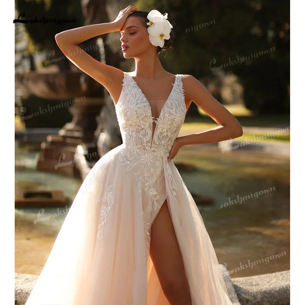 Romantic Deep V Neck Custom Bridal Gown With Floral Lace Sweep Train