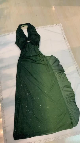 Vestido de fiesta largo de gasa verde degradado con cuello halter y brillo, vestido de noche Y7481