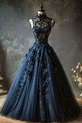 Vintage High Neck Tulle Lace Appliques Ball Gown,Navy Blue Birthday Prom Dress Quinceanera Dress Y8039 by simplepromdress