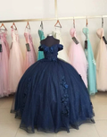 Navy Blue Off The Shoulder Sparkly Ball Gown,Princess Dress Y4426 by simplepromdress
