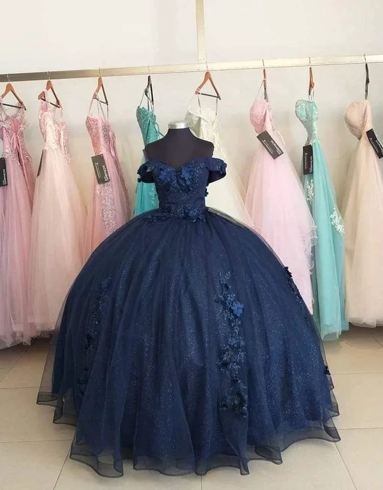 Navy Blue Off The Shoulder Sparkly Ball Gown,Princess Dress Y4426 by simplepromdress