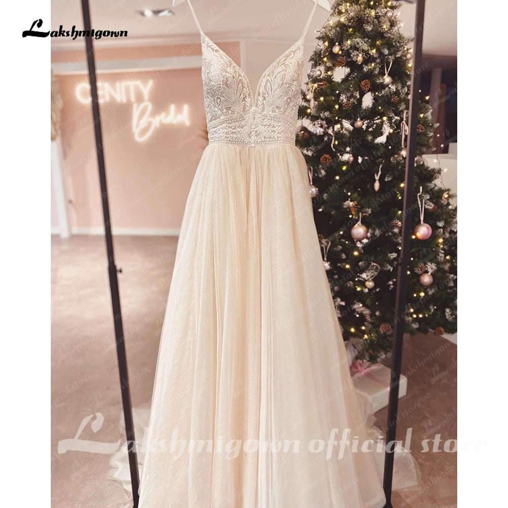 ZapDress Spaghetti Straps Champagne Boho Wedding Dress For Women Vestido Civil Bridal Customized Wedding Gowns Suknie Slubne