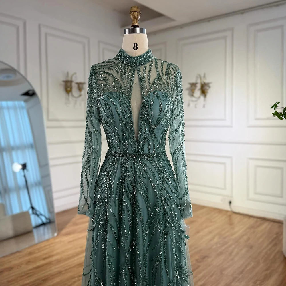 Zapdress Customized Elegant Turquoise A Line Evening Dress with High Neck Beaded Design for Women Formal Party Gown DLA71682A (ZD17384)