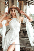 Customized Cold Shoulder Bell Sleeve Wedding Dress Bohemian Side Slit Bridal Dress with Train Bridal Gown for Wedding Occasions