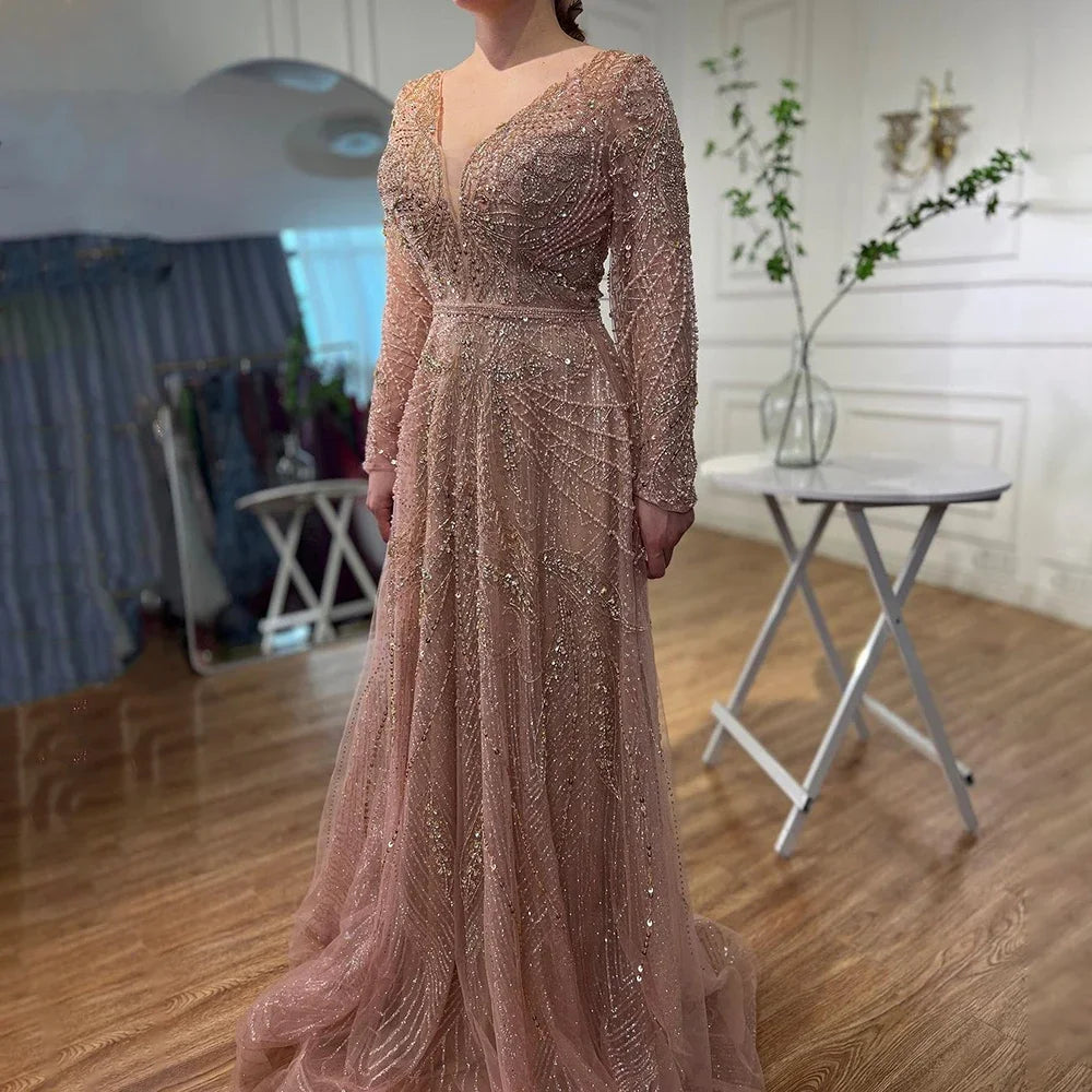 Zapdress Ccustomized Rose Gold Long Sleeves A-Line Beaded Evening Party Gowns Mother of the Bride Dress DLA70287L (ZD17336)