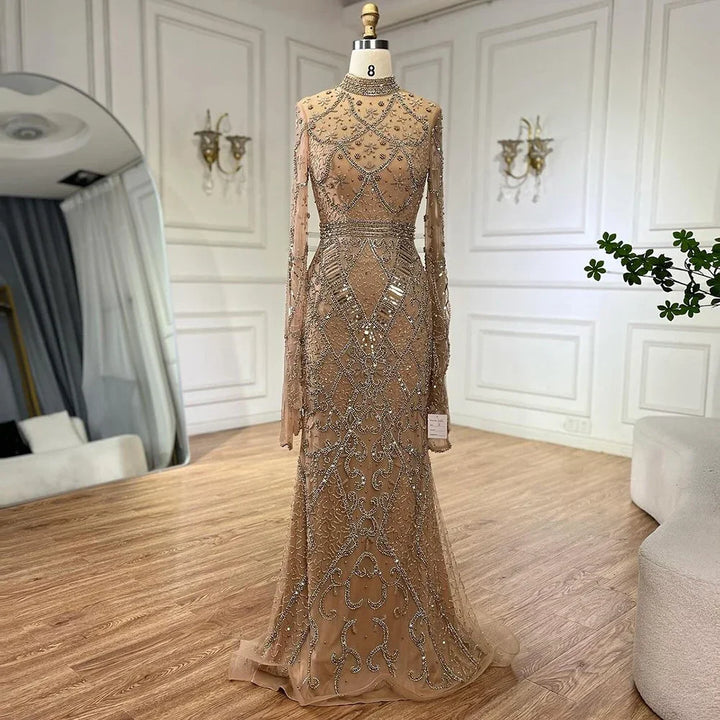 Serene Hill Customized Muslim Gray Mermaid Cape Sleeve Beaded Evening Dress Dubai Elegant Party Gowns 2025 for Women DLA72316