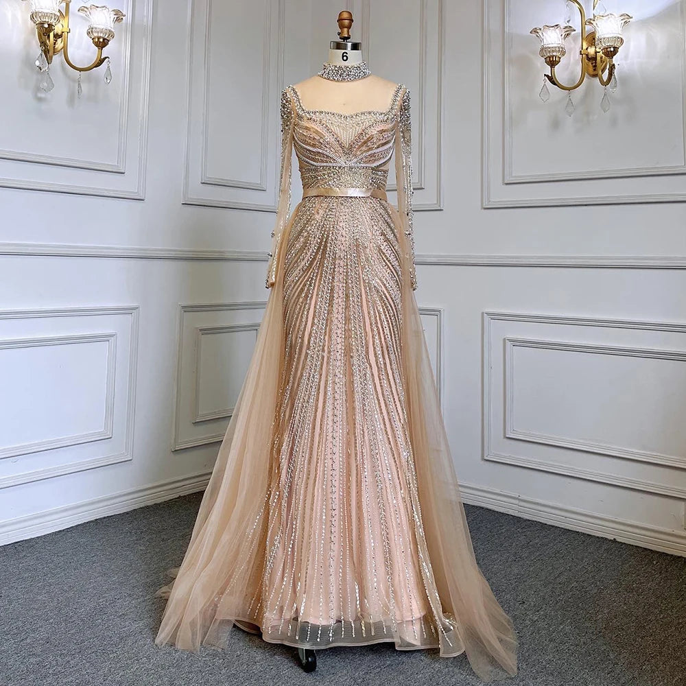 Zapdress Customized Nude Long Sleeves Beaded Mermaid Dubai Evening Dresses 2025 Muslim Party Gowns for Veiled Women (ZD17327)